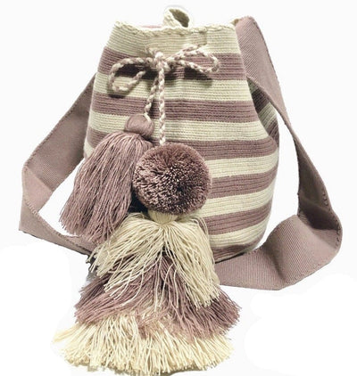Rose Brown Crossbody Crochet Bags-Bohemian Bags-Striped Bucket Bag-Neutral Tones