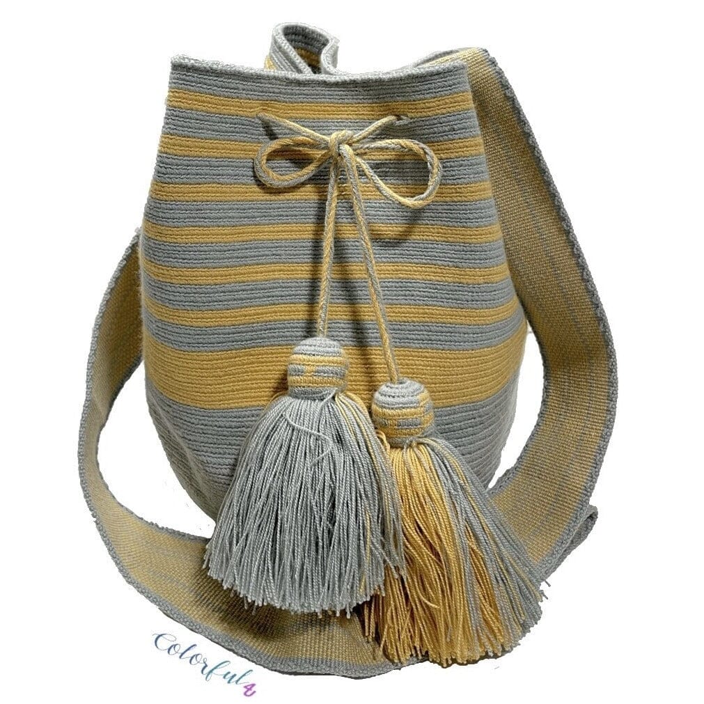 Gold and Gray with Tassels Crossbody Crochet Bags-Bohemian Bags-Striped Bucket Bag-Neutral Tones
