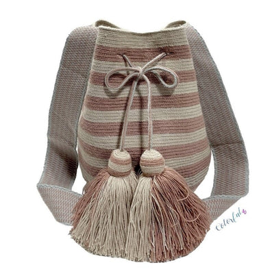 Chocolate Stripes and Tassels Crossbody Crochet Bags-Bohemian Bags-Striped Bucket Bag-Neutral Tones