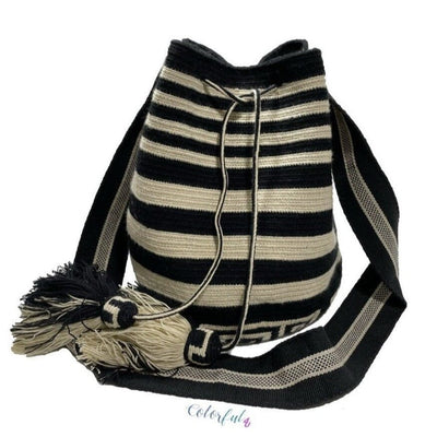 Black and white Crossbody Crochet Bags-Bohemian Bags-Striped Bucket Bag-Neutral Tones