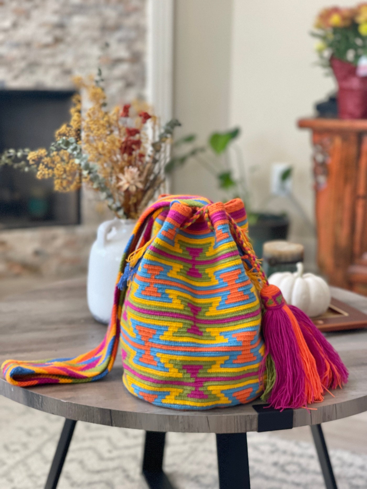 Tribal Crochet Pattern Boho Bag for Fall | Crossbody Bohemian Bag | Orange-Green-Yellow Purse with Tassels | Colorful 4u