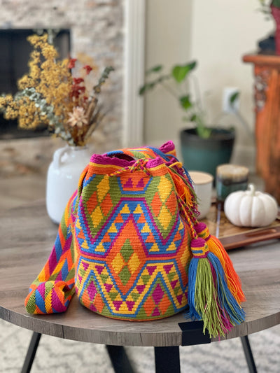 Navajo Crochet Pattern Boho Bag for Fall | Crossbody Bohemian Bag | Orange-Green-Yellow Purse | Colorful 4u