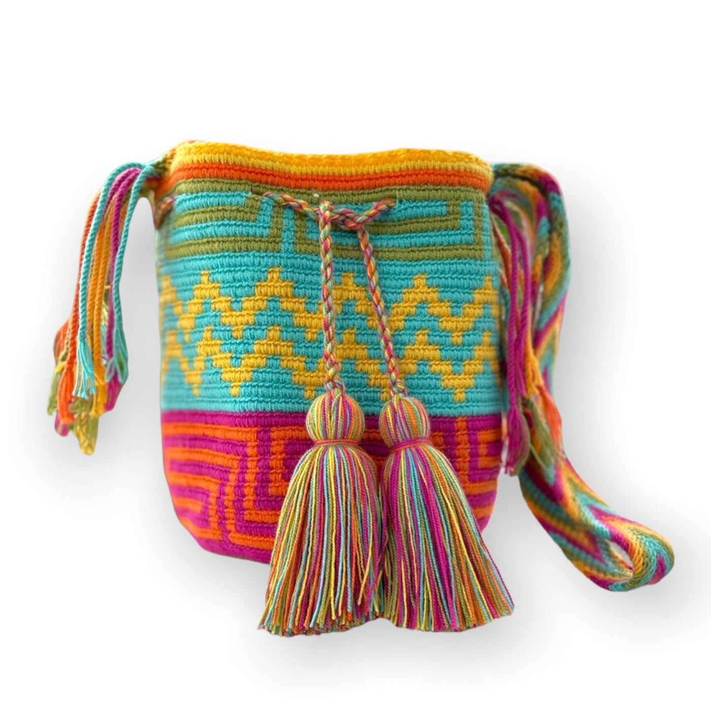 Caribbean Sunset Crochet Bags | Medium Medium-Crossbody Crochet Boho Bag - Traditional Wayuu Design Chevron waves 