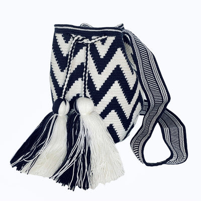 White and Blue Chevron Crossbody Handbags | Medium Crochet Bohemian Bag | Boho Purses | Colorful 4U