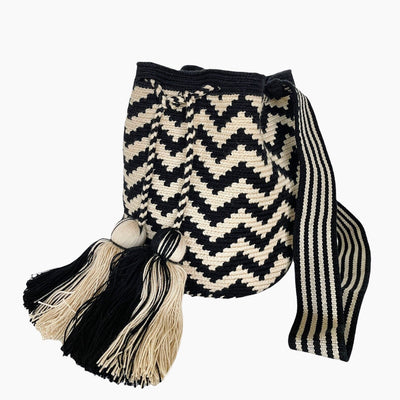 Black/ Off White Chevron Crossbody Handbags | Medium Crochet Bohemian Bag | Boho Purses | Colorful 4U