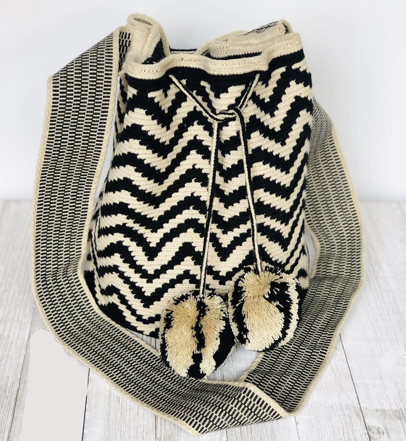 Black and White Crochet Bag | Stylish Bag | Chevron Pattern | pompoms