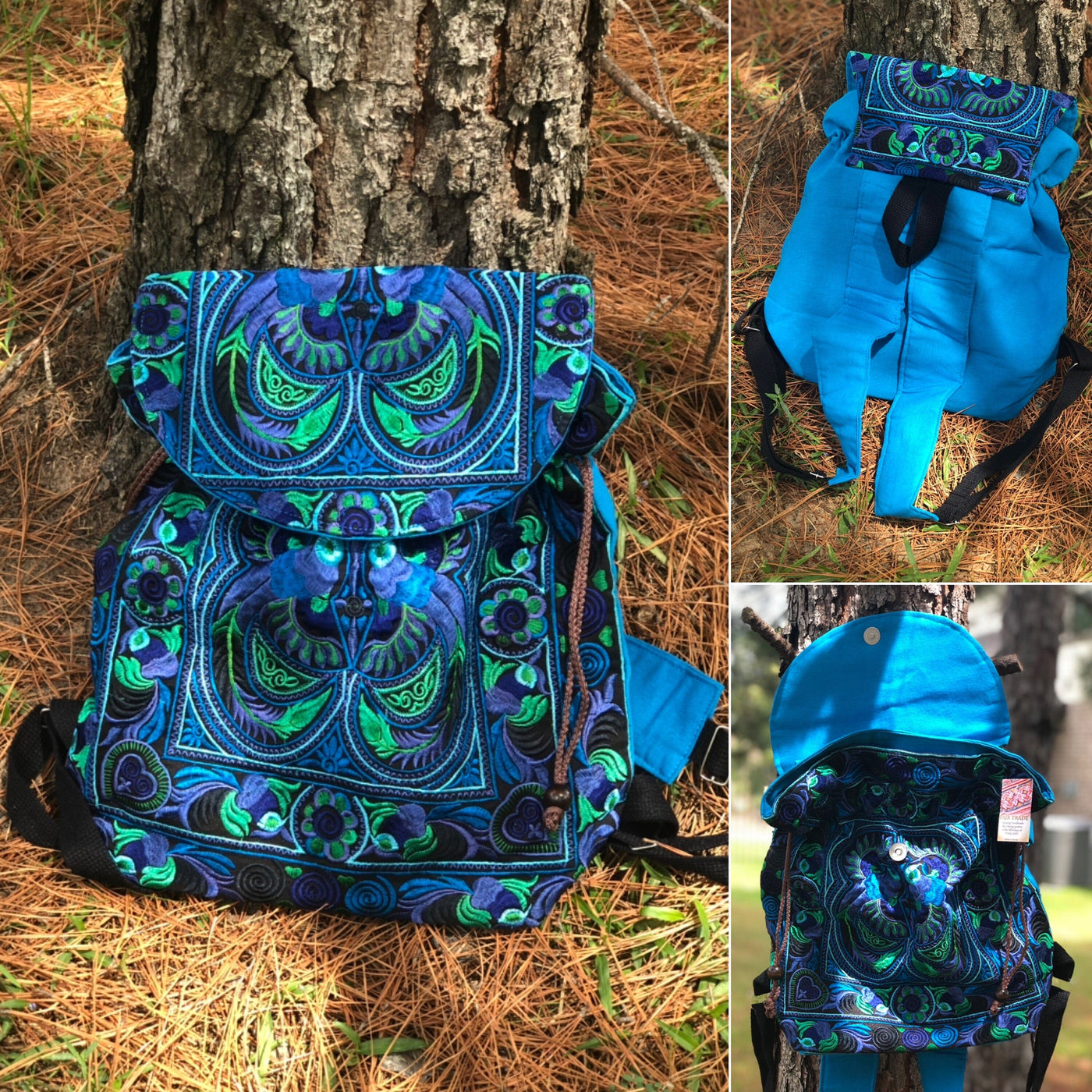 Colorful Bohemian Backpacks - Embroidered Boho Backpack Embroidered Bag Blue Birds CEPBP03-BL