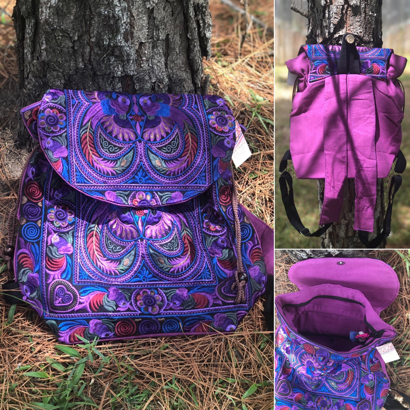 Colorful Bohemian Backpacks - Embroidered Boho Backpack Embroidered Bag Purple Birds CEPBP03-PR