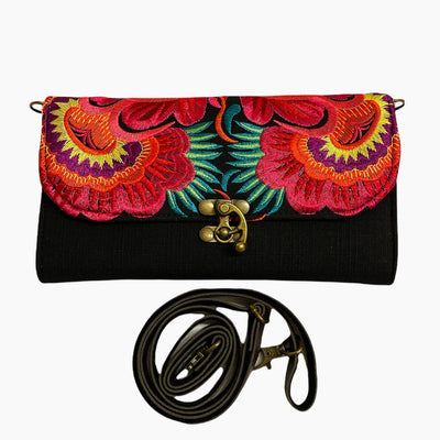 Colorful Bohemian Bag/Clutch - Embroidered Purse/Wallet Embroidered Bag Black - Fuchsia Flowers 