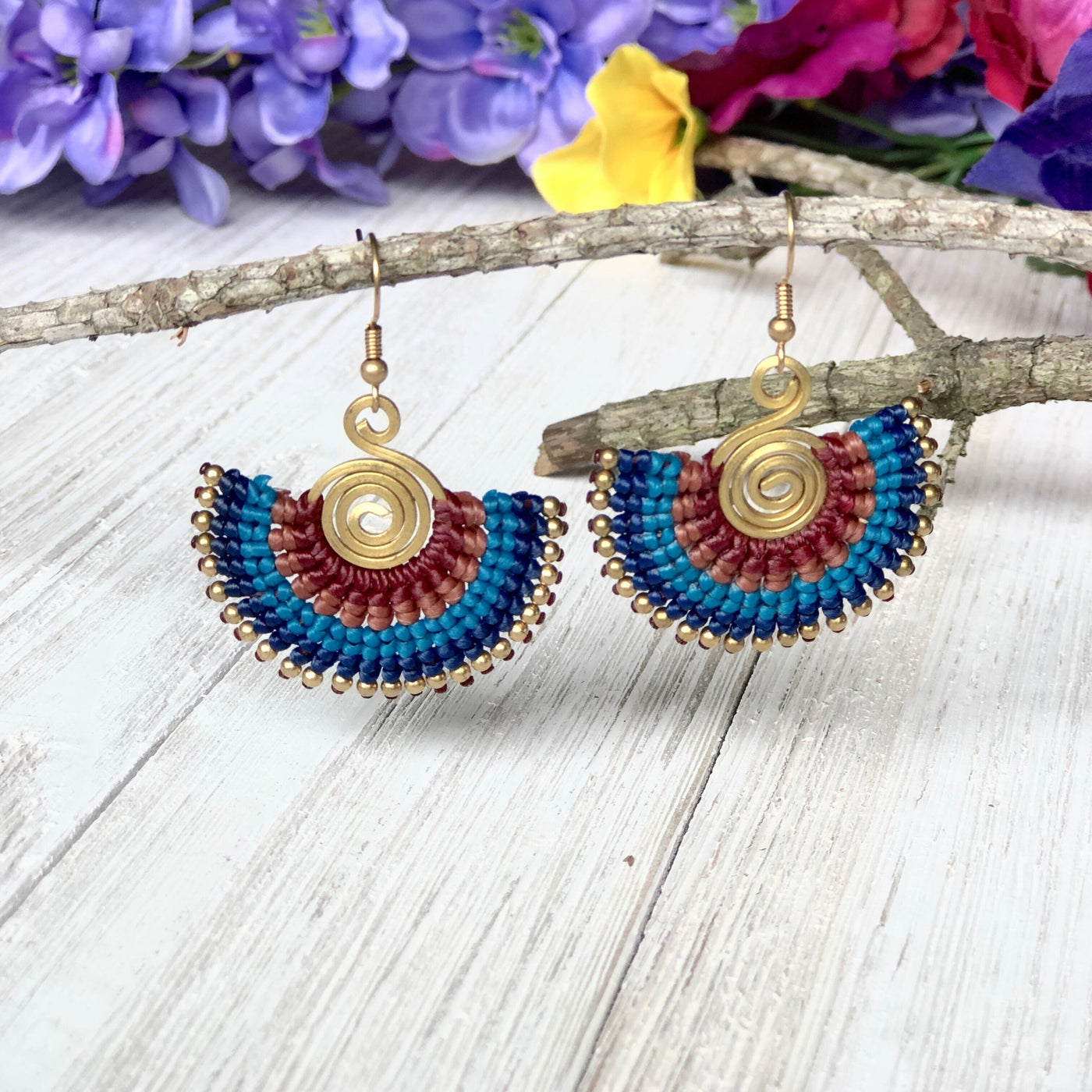 Navy Blue and WineBoho Colors Gold Tribal Earrings | Woven Earrings | Casual Boho Earrings on Sale | Colorful 4U
