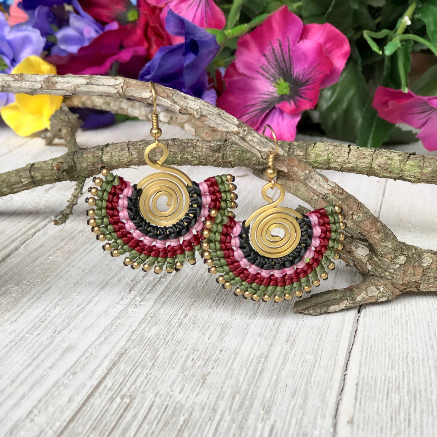 Olive and Rose Boho Colors Gold Tribal Earrings | Woven Earrings | Casual Boho Earrings on Sale | Colorful 4U