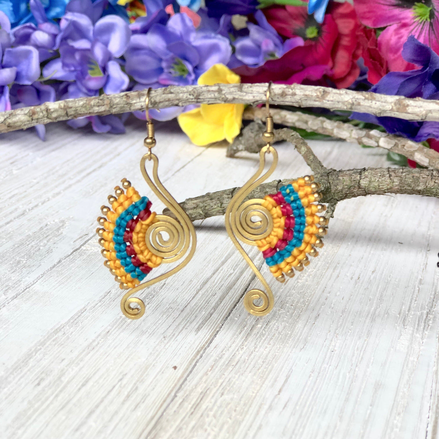 Yellow Turquoise Summer Gold Tribal Earrings | Woven Earrings | Casual Boho Earrings on Sale | Colorful 4U