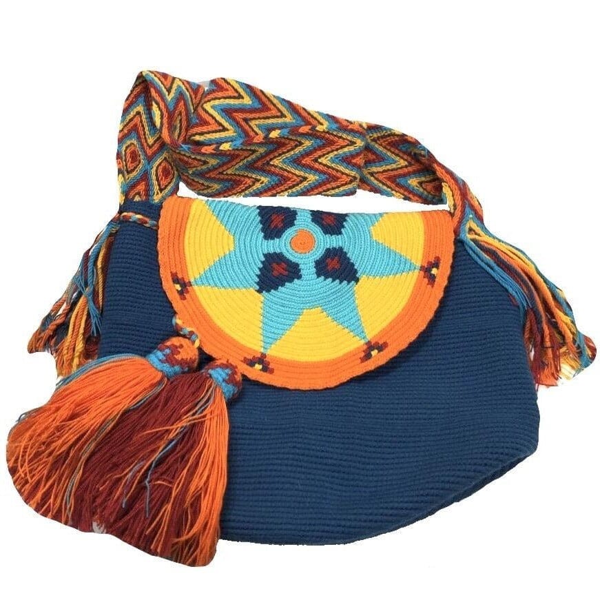 Navy - Yellow Crochet Bucket Bag with Cover | Crossbody Bohemian Bag | Casual Bag