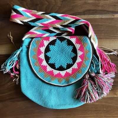 Teal Crochet Bucket Bag with Cover | Crossbody Bohemian Bag | Casual Bag