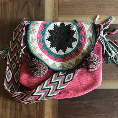 Rose Pompom Crochet Bucket Bag with Cover | Crossbody Bohemian Bag | Casual Bag