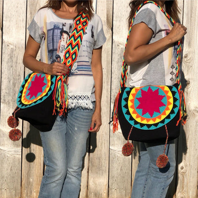 Black Colorful 4U Crochet Bag w/ Cover | Crossbody Bohemian Bag | Casual Bag