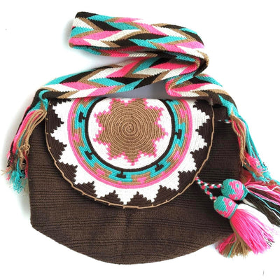 Brown-Hot Pink Crochet Bucket Bag with Cover | Crossbody Bohemian Bag | Casual Bag