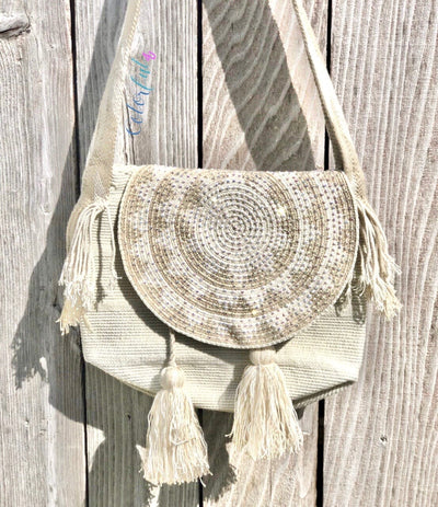 White Crochet Bucket Bag with Cover | Crossbody Bohemian Bag | Casual Bag embellished with crystals