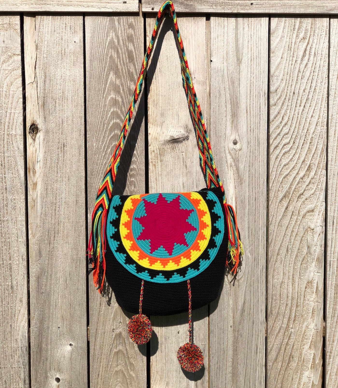 Black Neon mandala Crochet Bucket Bag with Cover | Crossbody Bohemian Bag | Casual Bag