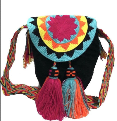 Black - Neon Crochet Bucket Bag with Cover | Crossbody Bohemian Bag | Summer Bag