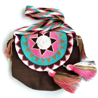 Brown Turquoise Crochet Bucket Bag with Cover | Crossbody Bohemian Bag | Casual Bag