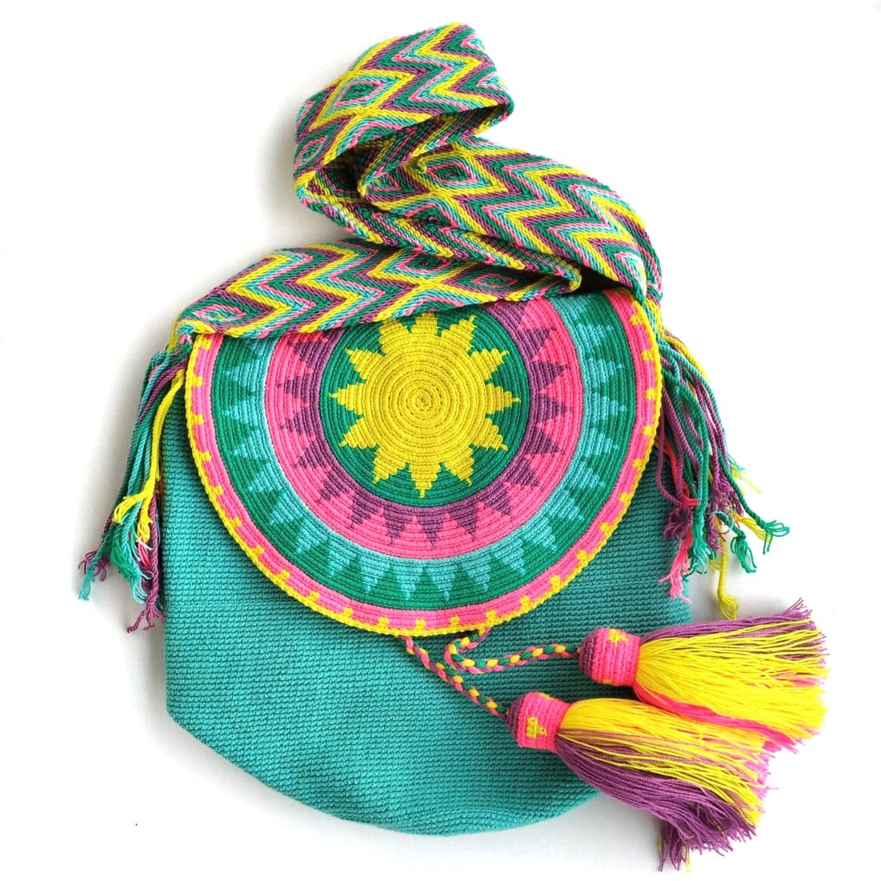 Turquoise-Pink Crochet Bucket Bag with Cover | Crossbody Bohemian Bag | Casual Bag