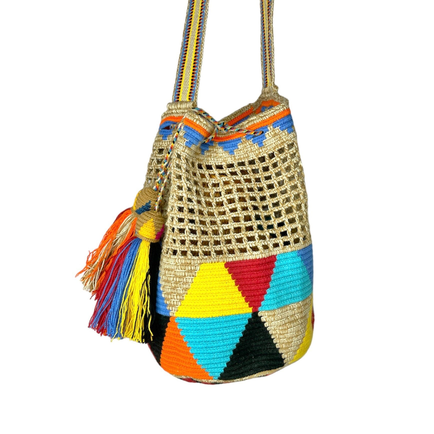 Colorful Crochet Mesh Bags | L Special Edition Crochet Boho Bag - Crossbody/Shoulder Bucket Bag Desert Sunset | Triangle 