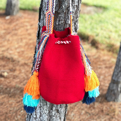 Red Crochet Tassel Bags - Bohemian Bucket Bags-Wayuu Mochila Bags