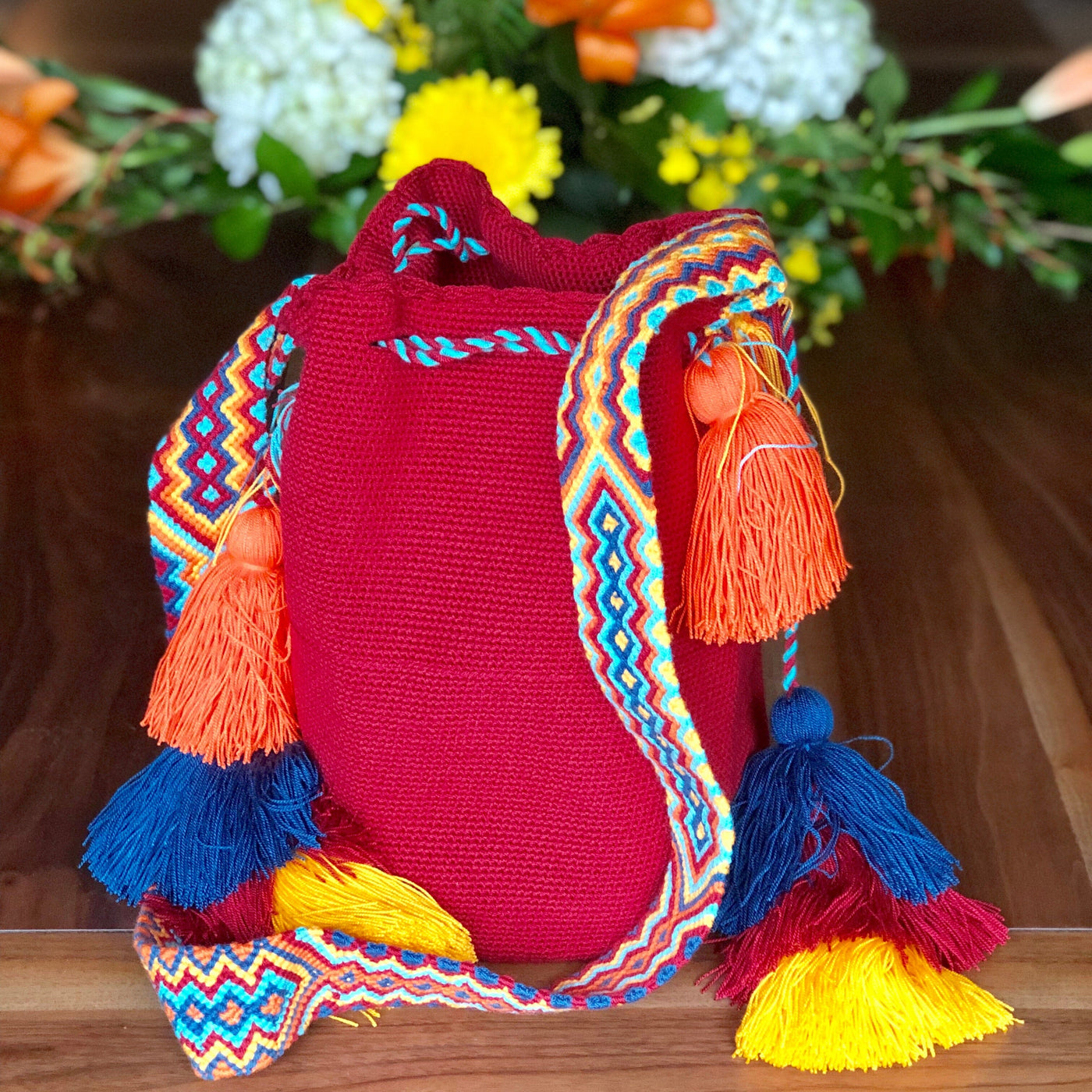 Colorful Crochet Tassel Bags - Desert Sunset Crochet Boho Bag with Tassels - Crossbody Bucket Bag Dark Red MWUB15
