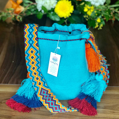 Turquoise Crochet Tassel Bags - Bohemian Bucket Bags-Wayuu Mochila Bags