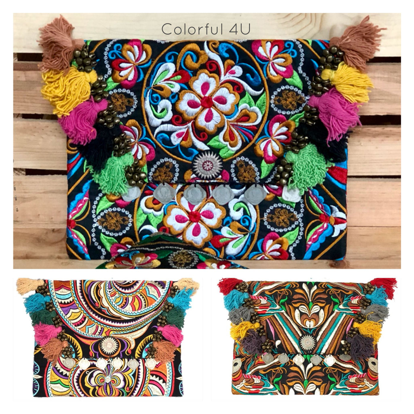 Colorful Embroidered Boho Clutch - Bohemian Black Embroidered Clutch Bag 