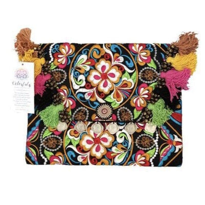 Colorful Embroidered Boho Clutch - Bohemian Black Embroidered Clutch Bag Flowers CEPC02