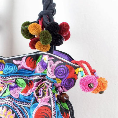 Colorful Embroidered Bucket Bag - Boho Chic Pom-Pom Shoulder Bag Embroidered Bag 