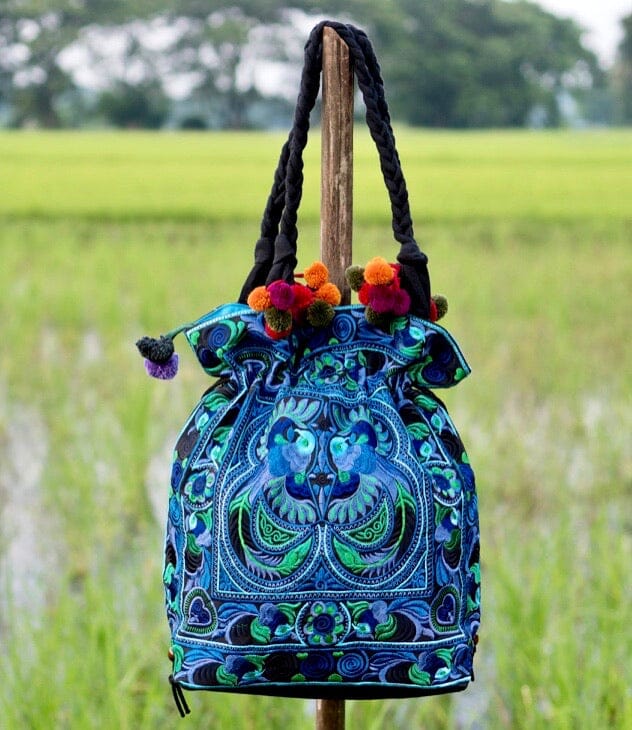 Colorful Embroidered Bucket Bag - Boho Chic Pom-Pom Shoulder Bag Embroidered Bag BLUE CEBB02-BL