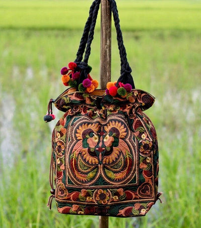 Colorful Embroidered Bucket Bag - Boho Chic Pom-Pom Shoulder Bag Embroidered Bag BROWN CEBB02-BR