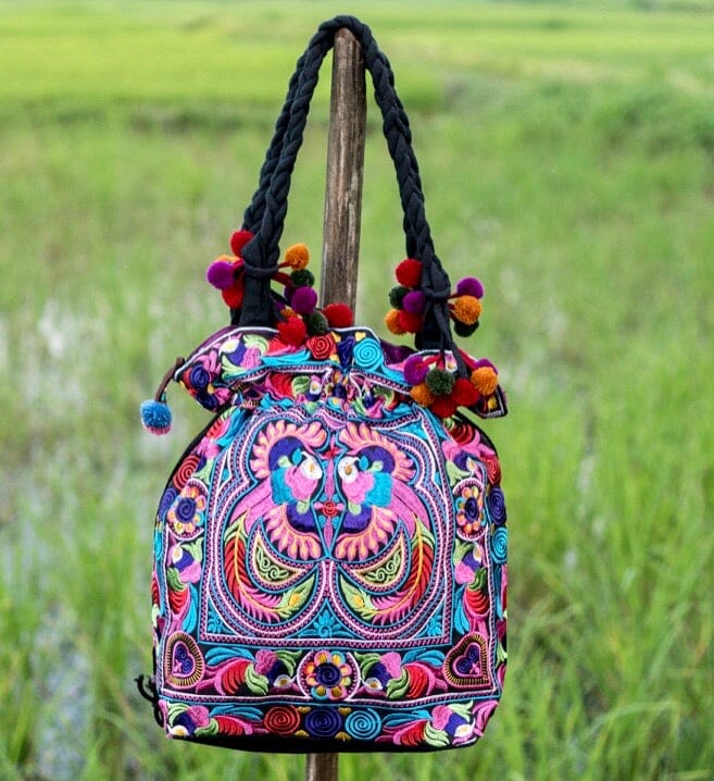 Colorful Embroidered Bucket Bag - Boho Chic Pom-Pom Shoulder Bag Embroidered Bag MULTICOLOR CEBB02-M