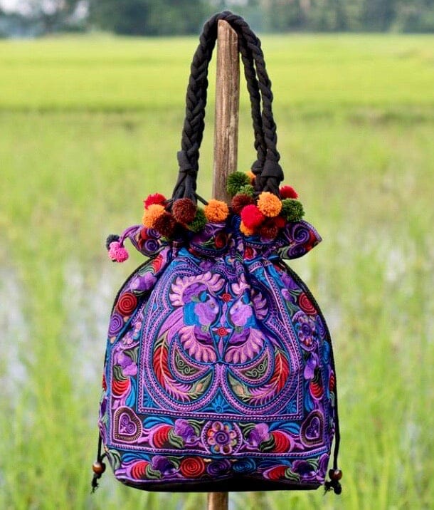 Colorful Embroidered Bucket Bag - Boho Chic Pom-Pom Shoulder Bag Embroidered Bag PURPLE CEBB02-PR
