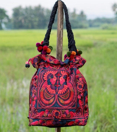 Colorful Embroidered Bucket Bag - Boho Chic Pom-Pom Shoulder Bag Embroidered Bag RED CEBB02-RD