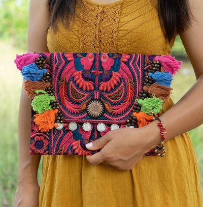 Colorful Embroidered Clutch - Tassel Clutch Bag - Bohemian Style Embroidered Clutch Bag 