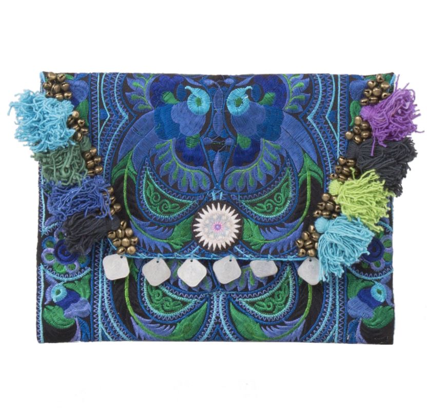 Colorful Embroidered Clutch - Tassel Clutch Bag - Bohemian Style Embroidered Clutch Bag BLUE CEPC01-BL