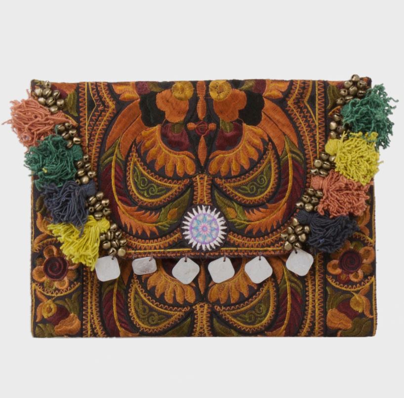 Colorful Embroidered Clutch - Tassel Clutch Bag - Bohemian Style Embroidered Clutch Bag BROWN CEPC01-BR