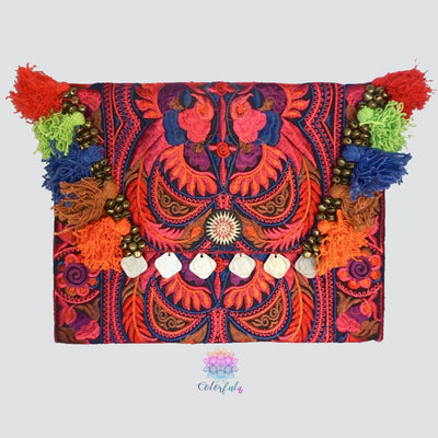 Colorful Embroidered Clutch - Tassel Clutch Bag - Bohemian Style Embroidered Clutch Bag RED CEPC01-RD
