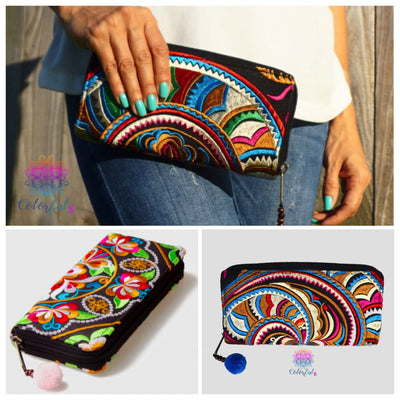 Colorful embroidered wallet - boho chic vegan wallet/clutch bag
