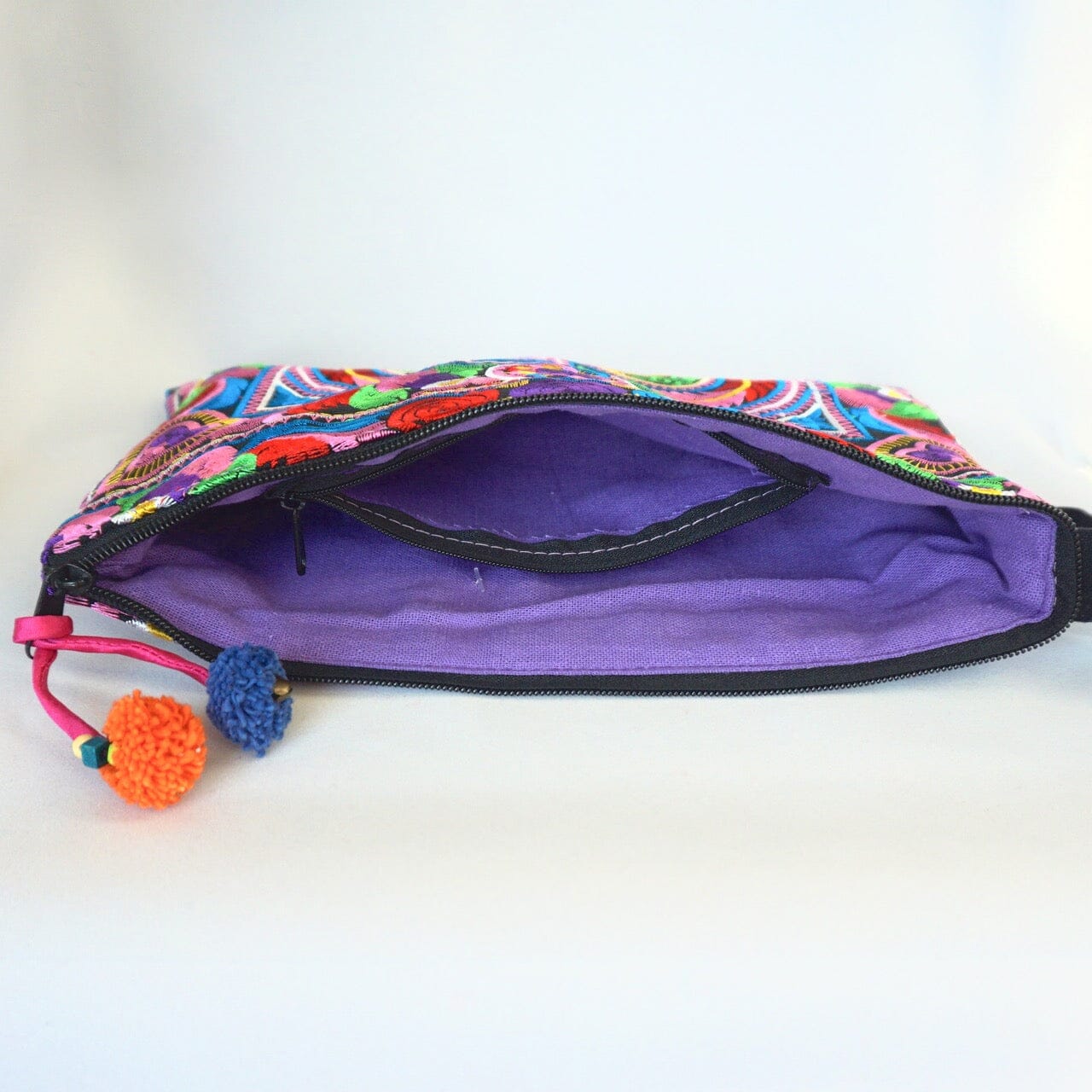 Colorful Embroidered Wristlet Bag - Boho Chic Pom-Pom Clutch