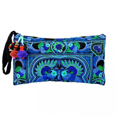 Colorful Embroidered Wristlet Bag - Boho Chic Pom-Pom Clutch Embroidered Bag BLUE CEC01-BL