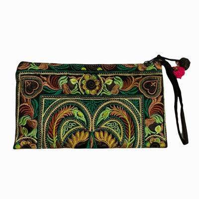 Colorful Embroidered Wristlet Bag - Boho Chic Pom-Pom Clutch Embroidered Bag Green 