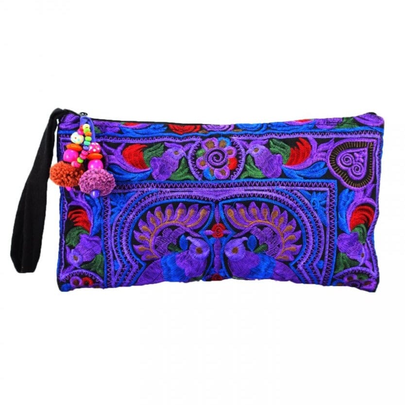 Colorful Embroidered Wristlet Bag - Boho Chic Pom-Pom Clutch Embroidered Bag PURPLE CEC01-PR