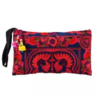 Colorful Embroidered Wristlet Bag - Boho Chic Pom-Pom Clutch Embroidered Bag RED CEC01-R