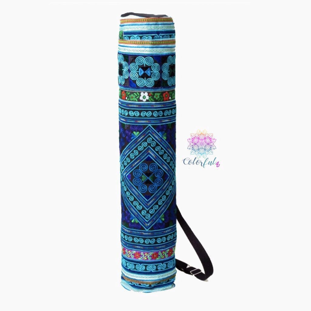 Colorful Embroidered Yoga-Mat Carrier - Boho Style Yoga Mat Bag YOGA MAT BAG Blue Diamonds CEYB01-BL