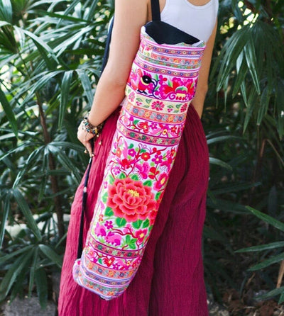 Colorful Embroidered Yoga-Mat Carrier - Boho Style Yoga Mat Bag YOGA MAT BAG White/Pink Flowers CEYB04